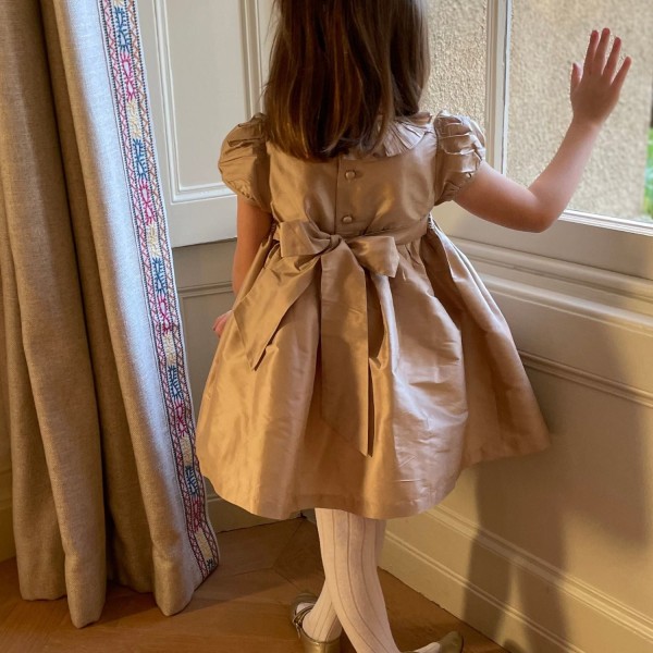Diana Special Occasion Dress Champagne Silk with Gypsophila Hand Smocking