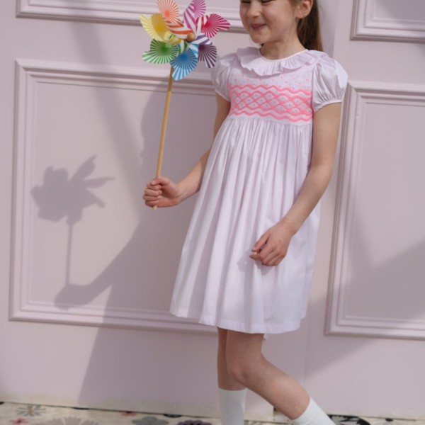Katherine Johnson Dress Pink Grid Cotton with Strawberrylicious Hand Smocking