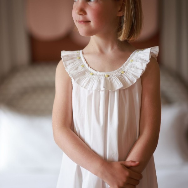 Memo Press x Smock London Girls Alice Dress Moonstone with Yellow Rose Hand Smocking Memo Press x Smock London Girls Alice Dress Moonstone with Yellow Rose Hand Smocking