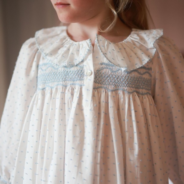 Nightingale Girl's Dress Forget Me Not Plumetti with Delphinium Hand Smocking Nightingale Girl's Dress Forget Me Not Plumetti with Delphinium Hand Smocking
