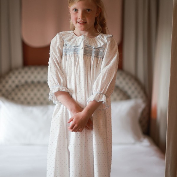 Nightingale Girl's Dress Forget Me Not Plumetti with Delphinium Hand Smocking Nightingale Girl's Dress Forget Me Not Plumetti with Delphinium Hand Smocking
