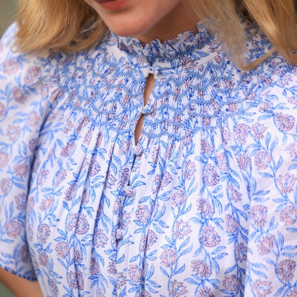 Colette Dress Passionflower Trellis with Delphinium Blue Hand Smocking Colette Dress Passionflower Trellis with Delphinium Blue Hand Smocking