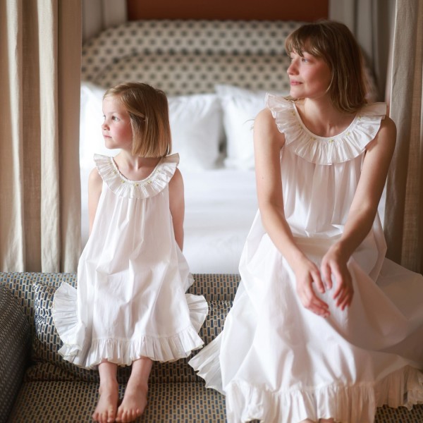 Memo Press x Smock London Women's Alice Dress Moonstone with Yellow Rose Hand Smocking