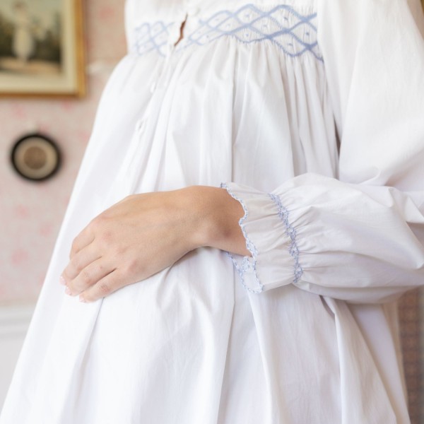 Mother Teresa Women's Nursing & Maternity Dress Long Sleeves with Mermaid Tail Forget Me Not Hand Smocking