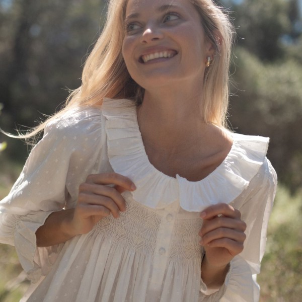 Nightingale Women's Dress Cloud Puff Plumetti with Ivory Hand Smocking Nightingale Women's Dress Cloud Puff Plumetti with Ivory Hand Smocking