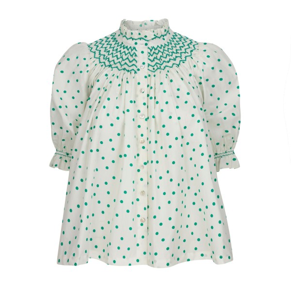 Scholl Blouse Frog Polka cotton with Jade Hand Smocking Edition 59