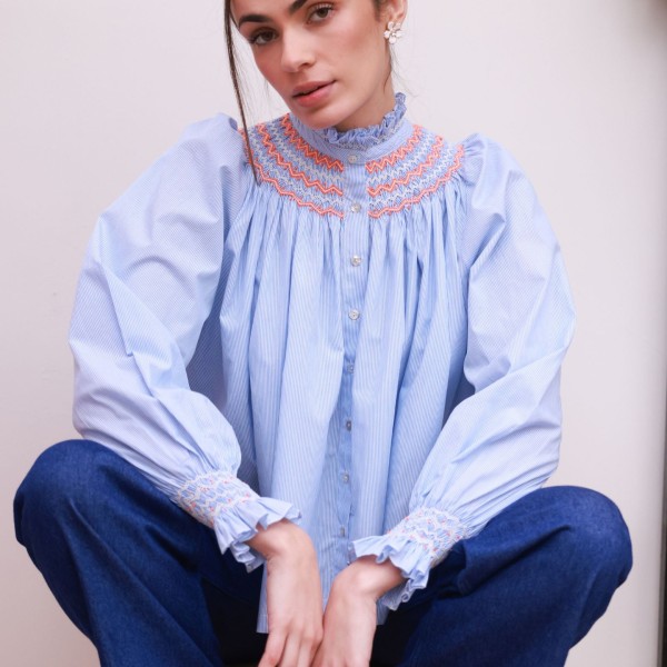Scholl Blouse Oxford Stripe with Orange Blossom Hand Smocking Edition 62