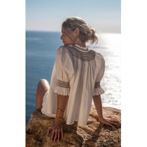 Scholl Women's Summer Blouse White with Chocolate Brown Hand Smocking
