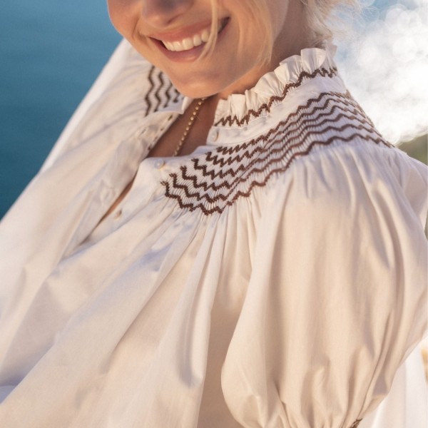 Scholl Women's Summer Blouse White with Chocolate Brown Hand Smocking