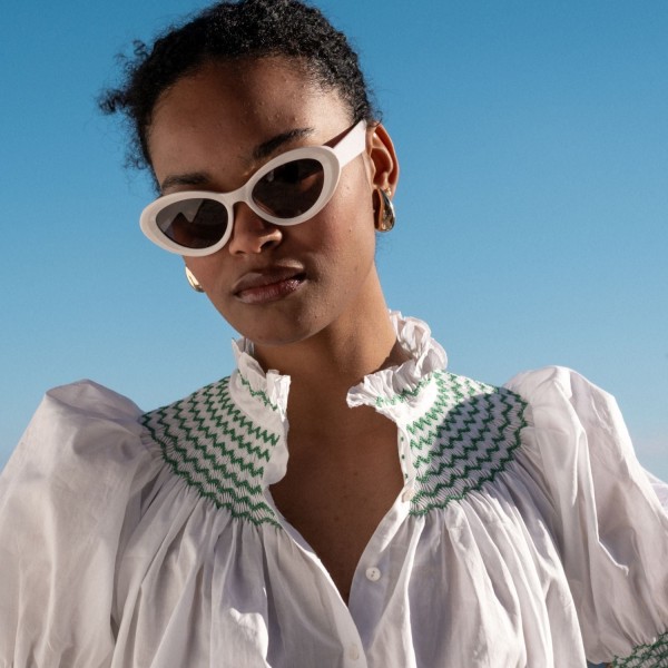 Scholl Women's Summer Blouse White with Green Apple Hand Smocking