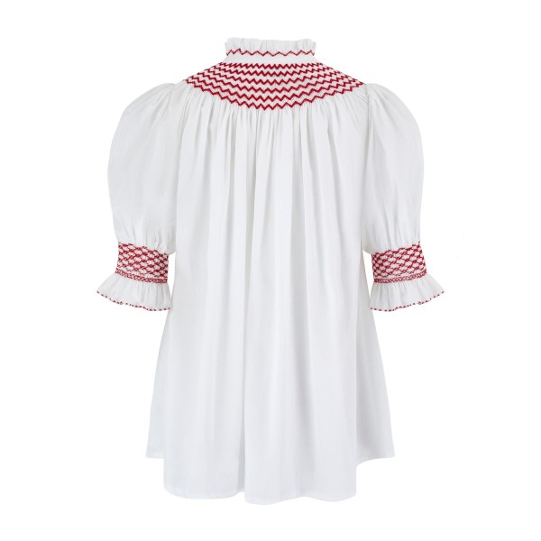 Scholl Women's Summer Blouse White with Pillar Box Red Hand Smocking